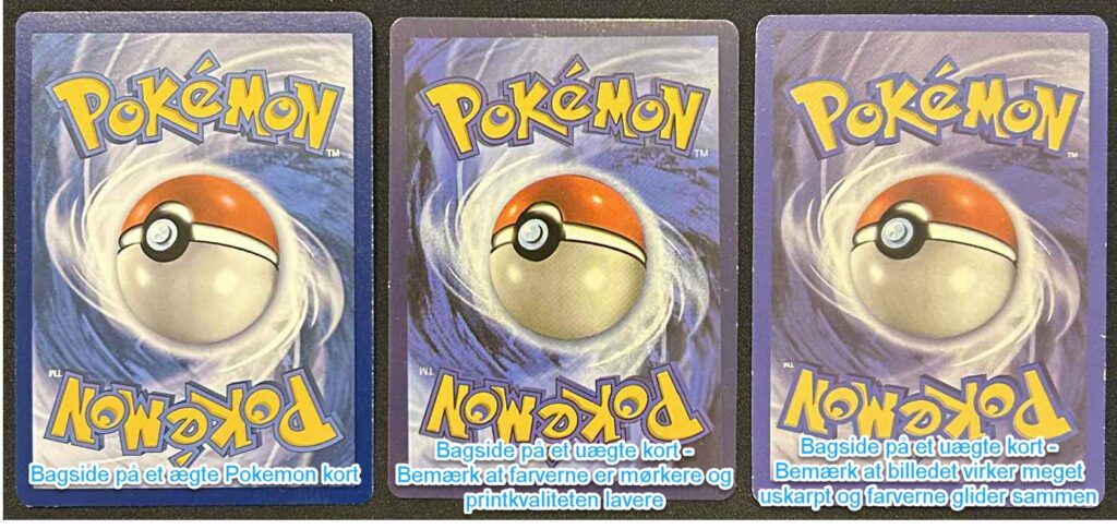 &AElig;gte bagside p&aring; et Pok&eacute;mon kort til venstre. De to kort til h&oslash;jre er falske.